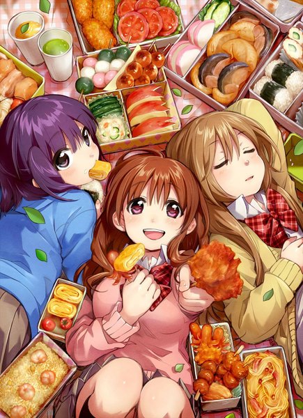 Anime picture 1200x1654 with koufuku graffiti shaft (studio) machiko ryou morino kirin shiina (koufuku graffiti) kawai makoto long hair tall image looking at viewer blush fringe short hair open mouth brown hair purple eyes multiple girls holding purple hair lying eyes closed