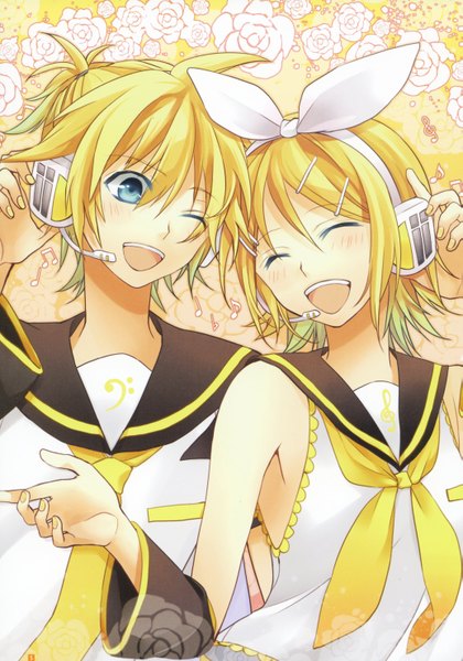 Anime picture 2069x2952 with vocaloid kagamine rin kagamine len teito (0w0kuma) tall image blush highres short hair open mouth blue eyes blonde hair eyes closed one eye closed wink scan ^ ^ ;d twins ^o^ girl