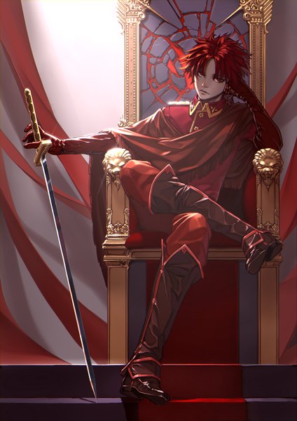 Anime picture 2480x3507 with original pixiv fantasia pixiv fantasia t tinmo (artist) single tall image looking at viewer highres short hair red eyes sitting red hair head tilt lips boy gloves weapon sword knee boots throne