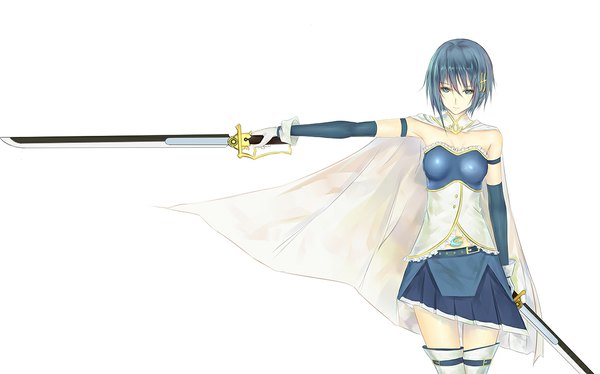 Anime picture 1181x738 with mahou shoujo madoka magica shaft (studio) miki sayaka inneanis single looking at viewer short hair blue eyes simple background wide image white background blue hair girl dress gloves hair ornament weapon sword elbow gloves