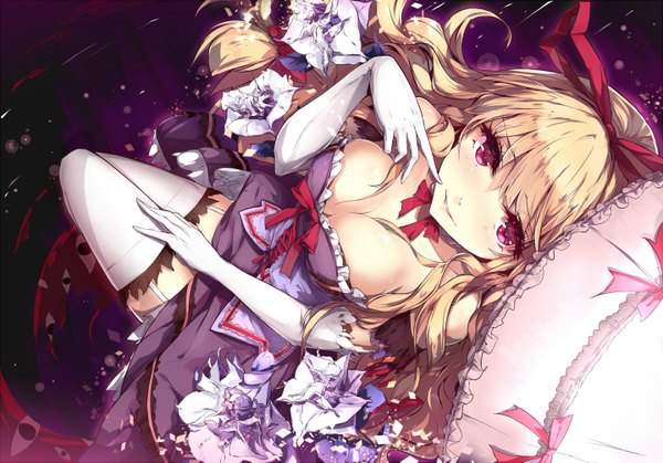 Anime picture 1440x1007 with touhou yakumo yukari sam ashton single long hair looking at viewer fringe breasts open mouth light erotic blonde hair smile bare shoulders cleavage parted lips pink eyes from above zettai ryouiki finger to mouth girl