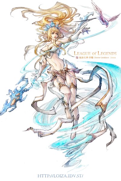 Anime picture 804x1200 with league of legends janna windforce loiza single long hair tall image breasts blue eyes light erotic simple background blonde hair large breasts white background pointy ears girl gloves navel animal bird (birds) garter straps