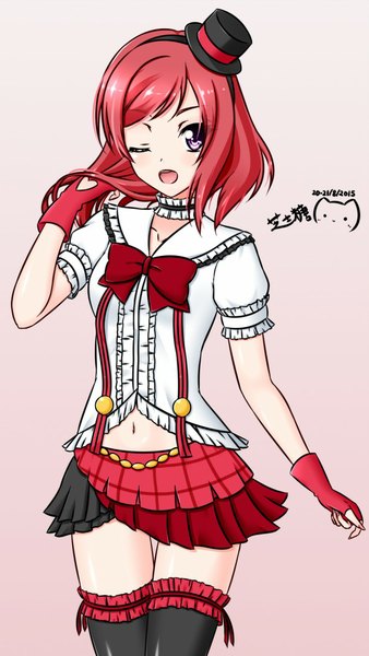 Anime picture 620x1100 with love live! school idol project sunrise (studio) love live! nishikino maki nagi-the-cheese (ppshex) single long hair tall image looking at viewer fringe open mouth simple background purple eyes red hair one eye closed wink girl thighhighs skirt gloves