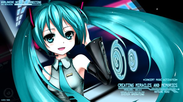 Anime picture 1280x720 with vocaloid hatsune miku single long hair blush open mouth wide image twintails bare shoulders very long hair aqua hair inscription girl detached sleeves necktie headset