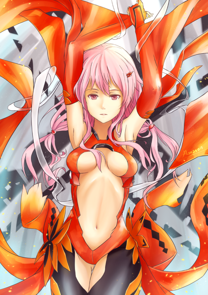 Anime picture 744x1052 with guilty crown production i.g yuzuriha inori hananon single long hair tall image looking at viewer fringe breasts light erotic pink hair pink eyes armpit (armpits) center opening girl gloves navel hair ornament elbow gloves