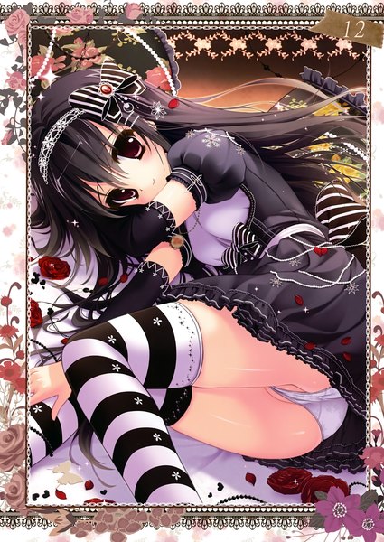 Anime picture 2481x3500 with prismatic world (artbook) shiramori yuse single long hair tall image looking at viewer highres light erotic black hair red eyes ass scan cameltoe girl thighhighs dress underwear panties flower (flowers) bow