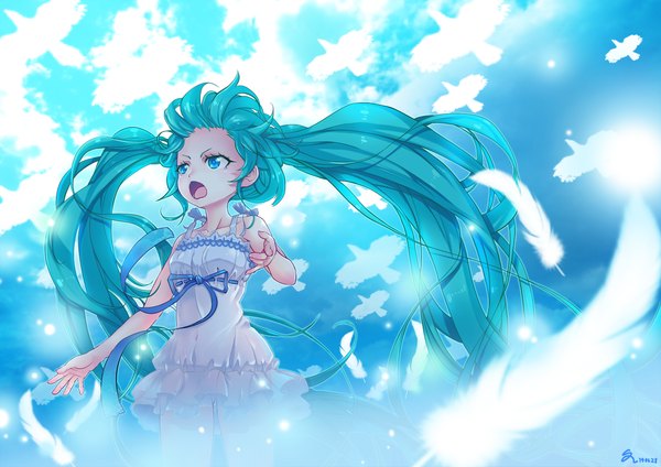 Anime picture 1500x1061 with vocaloid hatsune miku ssalbaram single long hair blush open mouth twintails bare shoulders looking away sky cloud (clouds) aqua eyes aqua hair girl dress animal white dress bird (birds) feather (feathers)