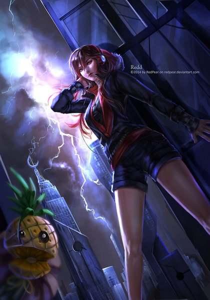 Anime picture 1200x1714 with original redpear single long hair tall image red eyes red hair inscription night lightning storm girl choker shorts headphones building (buildings) fruit hoodie tower pineapple