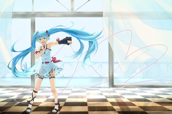 Anime picture 1200x800 with vocaloid hatsune miku sakino saku single open mouth twintails bare shoulders very long hair aqua eyes aqua hair checkered floor girl detached sleeves curtains sundress microphone wire (wires) sandals tulle