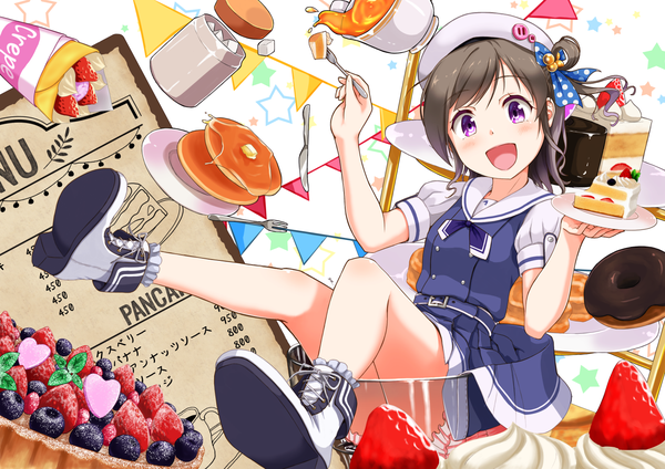 Anime picture 1457x1032 with original gamyuu (gamyu) single looking at viewer blush short hair open mouth smile brown hair sitting purple eyes holding bent knee (knees) :d arm up puffy sleeves side ponytail happy lacing polka dot