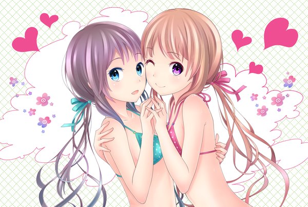 Anime picture 1200x806 with original mochi-pon (artist) long hair open mouth blue eyes light erotic smile brown hair purple eyes multiple girls purple hair one eye closed wink girl 2 girls swimsuit bikini heart