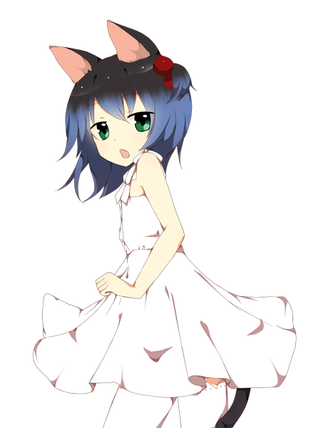 Anime picture 1300x1733 with utau ryone yami saru to yami single tall image looking at viewer short hair open mouth green eyes animal ears blue hair multicolored hair cat ears cat girl cat tail transparent background girl thighhighs dress white thighhighs