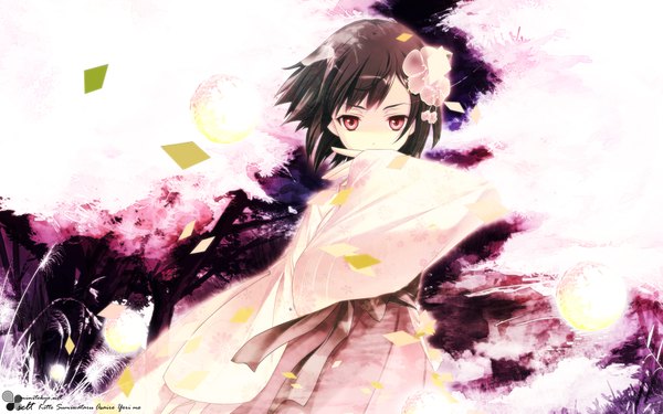 Anime picture 1920x1200 with yasuyuki single highres short hair black hair red eyes wide image japanese clothes hair flower cherry blossoms girl hair ornament plant (plants) tree (trees)