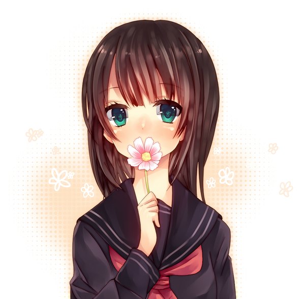 Anime picture 1053x1032 with original ktru1215 single long hair blush black hair green eyes girl flower (flowers) serafuku