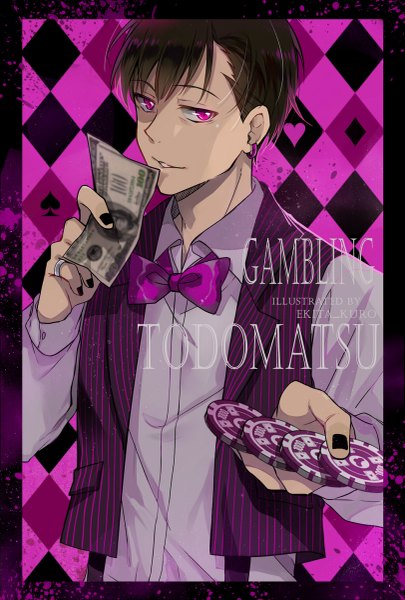 Anime picture 811x1200 with osomatsu-san matsuno todomatsu ekita xuan single tall image short hair black hair signed looking away nail polish parted lips pink eyes alternate costume character names piercing ear piercing pink background framed outstretched hand black nail polish