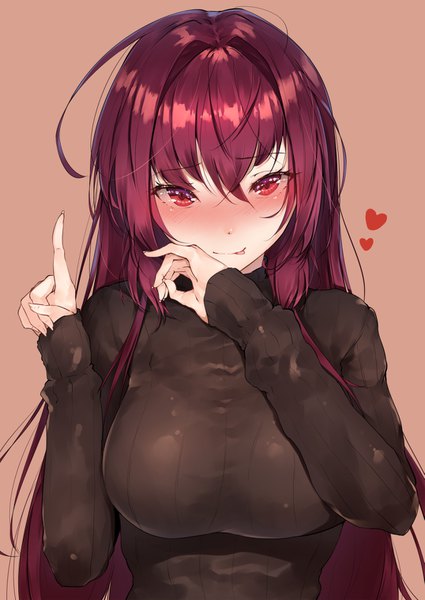 Anime picture 1075x1518 with fate (series) fate/grand order scathach (fate) (all) scathach (fate) hplay (kyoshinou) single long hair tall image looking at viewer blush fringe breasts simple background hair between eyes red eyes large breasts purple hair upper body ahoge long sleeves