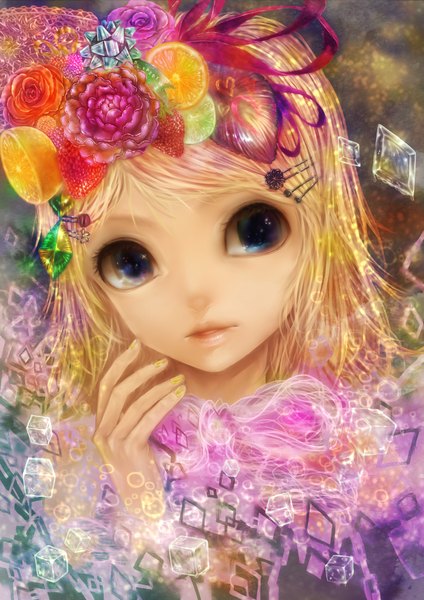 Anime picture 1447x2046 with vocaloid kagamine rin akashio yuki single tall image short hair open mouth blue eyes blonde hair looking away nail polish hair flower light smile alternate costume yellow nail polish girl hair ornament flower (flowers) food hairclip