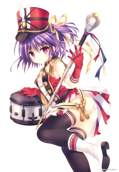 Anime picture 2635x3800 with melonbooks tatekawa mako single tall image looking at viewer highres short hair light erotic smile white background purple eyes purple hair ass scan official art one side up turning head girl thighhighs gloves