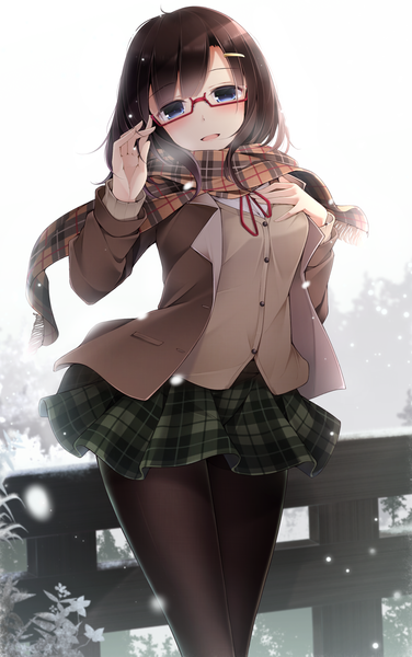Anime picture 1200x1915 with original toyosaki shu single long hair tall image looking at viewer blush fringe breasts open mouth blue eyes brown hair outdoors long sleeves pleated skirt blurry open clothes open jacket hand on chest plaid skirt
