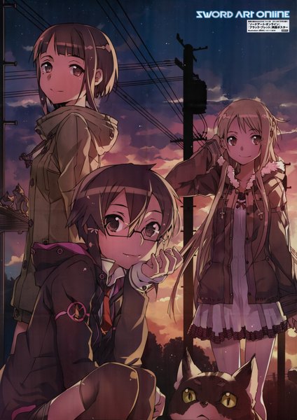 Anime picture 7008x9925 with sword art online a-1 pictures yuuki asuna asada shino sachi (sao) long hair tall image looking at viewer highres short hair brown hair multiple girls absurdres sky cloud (clouds) scan mole mole under eye girl animal