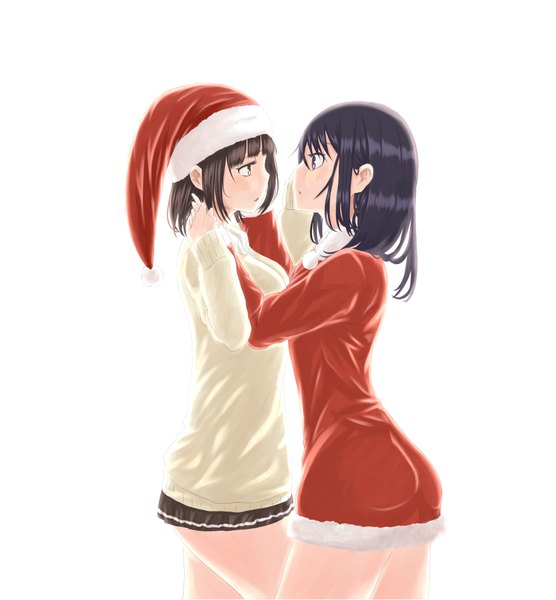 Anime picture 1896x2047 with original rutchifu long hair tall image fringe highres short hair black hair simple background brown hair standing white background purple eyes multiple girls brown eyes holding hands christmas shoujo ai face to face eye contact