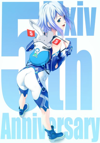 Anime picture 700x1000 with original pixiv-tan rezi single tall image short hair open mouth blue eyes light erotic blue hair looking back anniversary girl toy bodysuit stuffed animal