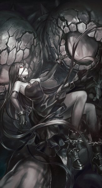 Anime picture 816x1500 with kantai collection battleship water oni infukun single tall image looking at viewer black hair hair between eyes red eyes bare shoulders bent knee (knees) very long hair parted lips horn (horns) teeth high heels oni horns white skin girl dress