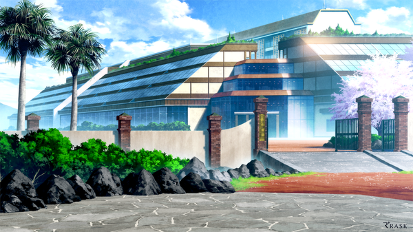 Anime picture 1000x562 with re:lief mocha (cotton) wide image sky cloud (clouds) sunlight copyright name cherry blossoms no people gate plant (plants) tree (trees) building (buildings) grass palm tree stone (stones) road