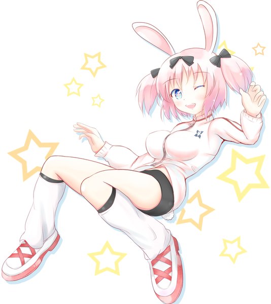 Anime picture 1000x1124 with senran kagura hibari (senran kagura) kirimoti34 single tall image blush short hair open mouth blue eyes twintails pink hair one eye closed wink bunny ears short twintails girl uniform bow hair bow gym uniform