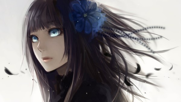 Anime picture 1280x720 with original matsunaka hiro single long hair fringe black hair simple background wide image white background hair flower lips girl hair ornament flower (flowers) petals