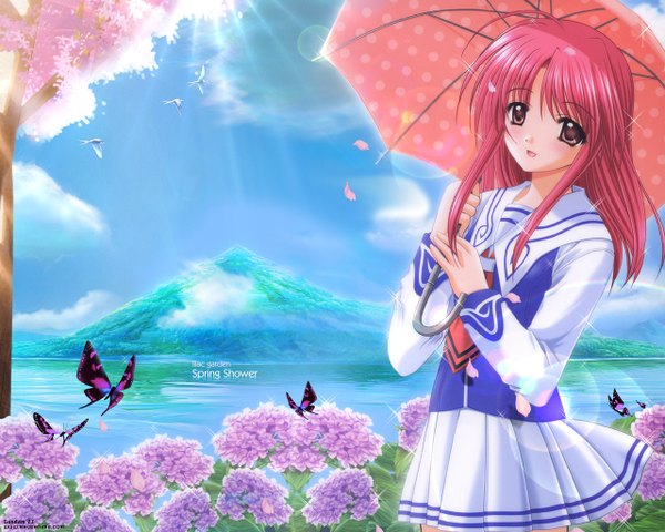 Anime picture 1280x1024 with yumeria studio deen agatsuma mizuki nishimata aoi pink background umbrella