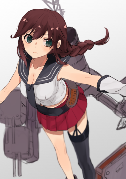 Anime picture 595x842 with kantai collection noshiro light cruiser hita (hitapita) single long hair tall image fringe simple background hair between eyes brown hair green eyes looking away cleavage braid (braids) from above grey background girl thighhighs gloves uniform