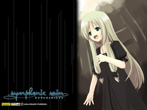 Anime picture 1024x768 with symphonic rain falsita fawcett shiro (octet) single long hair open mouth green eyes silver hair white hair :d short sleeves puffy sleeves singing girl dress black dress pendant