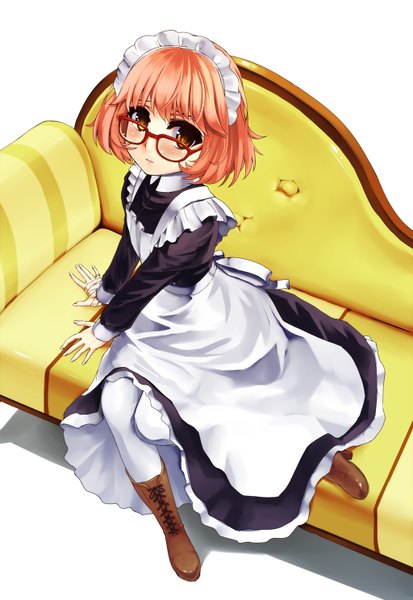 Anime picture 1024x1488 with kyoukai no kanata kyoto animation kuriyama mirai mizuki ame single tall image blush short hair brown eyes orange hair maid girl dress glasses boots headdress maid headdress couch