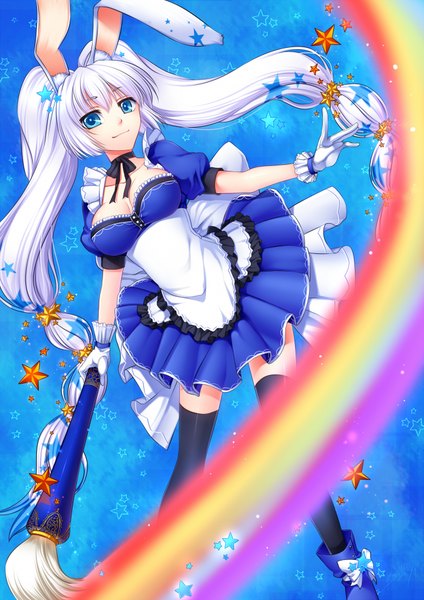 Anime picture 1400x1980 with original pixiv pixiv-tan konshin long hair tall image blue eyes twintails cleavage white hair bunny ears girl thighhighs hair ornament black thighhighs star (symbol) apron staff star hair ornament rainbow