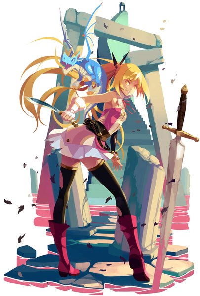 Anime picture 1600x2368 with toki to towa towa (toki to towa) vofan long hair tall image blonde hair yellow eyes ponytail see-through silhouette girl thighhighs weapon black thighhighs sword boots leaf (leaves) dragon dagger