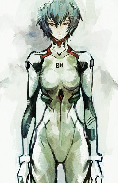 Anime picture 700x1085 with neon genesis evangelion rebuild of evangelion evangelion: 2.0 you can (not) advance evangelion: 3.0 you can (not) redo gainax ayanami rei tae (artist) single tall image looking at viewer short hair simple background red eyes standing blue hair serious girl pilot suit