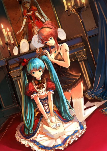Anime picture 1024x1449 with vocaloid hatsune miku megurine luka november (jeanex) long hair tall image short hair blue eyes twintails multiple girls cleavage red hair aqua hair kneeling girl thighhighs dress bow 2 girls earrings