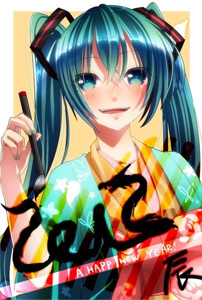 Anime picture 1000x1480 with vocaloid hatsune miku hijiri-ssh single tall image blush open mouth twintails very long hair aqua eyes aqua hair calligraphy girl paintbrush calligraphy brush