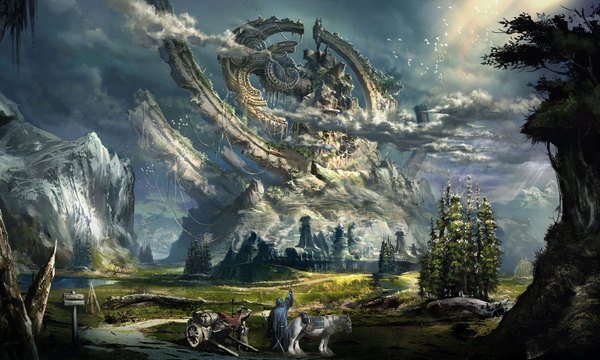 Anime picture 1600x960 with tera online wide image sky cloud (clouds) mountain landscape rock lake plant (plants) animal tree (trees) cloak forest road horse path