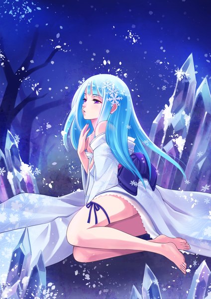 Anime picture 2894x4093 with original takoyaki (artist) single long hair tall image highres sitting purple eyes bare shoulders looking away full body traditional clothes japanese clothes barefoot lips aqua hair legs snowing winter snow