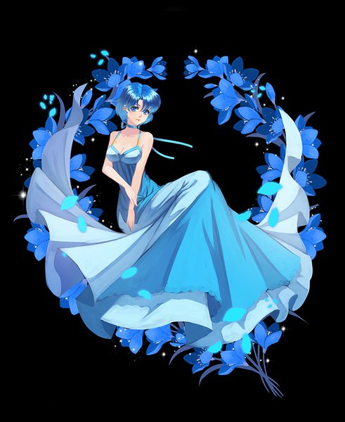 Anime picture 655x800 with bishoujo senshi sailor moon toei animation mizuno ami tongyaohuan single tall image looking at viewer short hair blue eyes simple background blue hair black background girl dress flower (flowers) petals blue dress