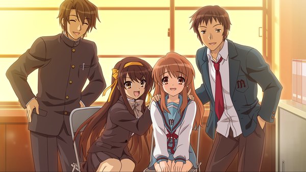 Anime picture 1920x1080 with suzumiya haruhi no yuutsu kyoto animation suzumiya haruhi asahina mikuru kyon koizumi itsuki long hair highres short hair open mouth black hair smile brown hair wide image sitting multiple girls brown eyes game cg multiple boys girl