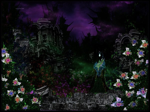 Anime picture 1600x1200 with original tagme (artist) single long hair black hair night night sky dated ruins gothic girl flower (flowers) castle