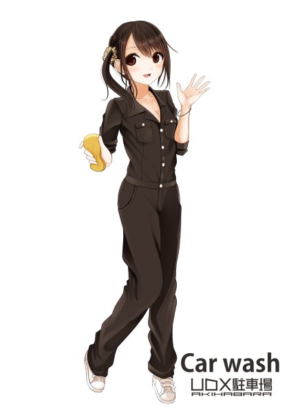 Anime picture 840x1200 with original kentaurosu single long hair tall image looking at viewer blush open mouth black hair simple background white background brown eyes ponytail side ponytail girl jumpsuit