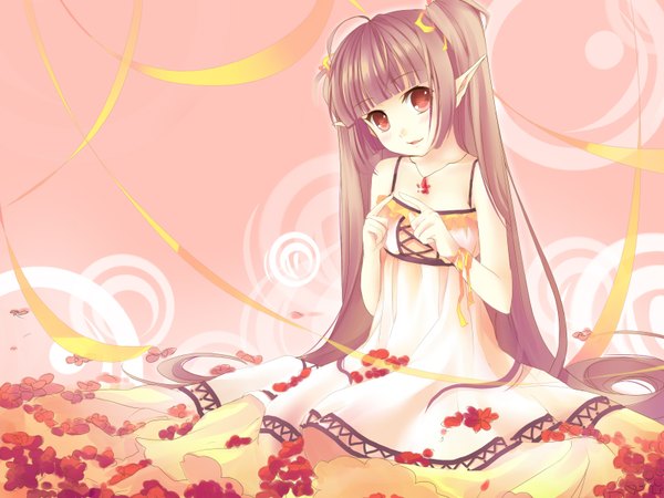 Anime picture 1600x1200 with original yukizakura (neon-neon) sheska xue single looking at viewer blush breasts red eyes sitting twintails very long hair flat chest pink background girl dress bow hair bow petals white dress