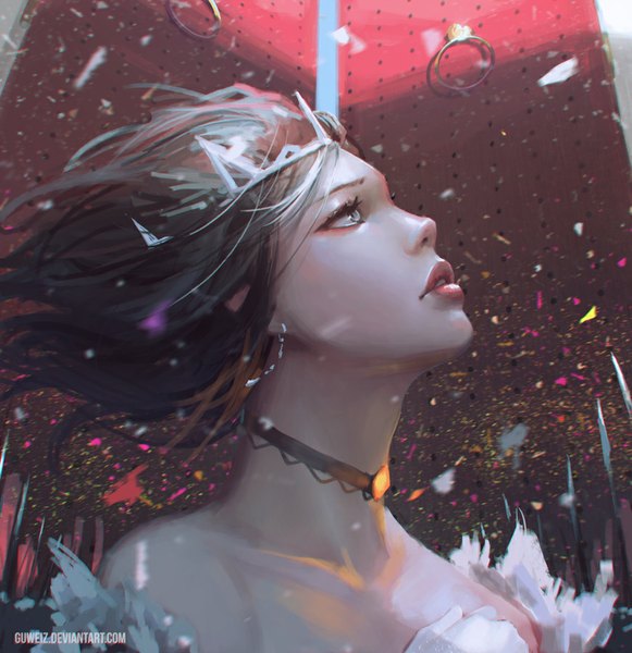 Anime picture 871x900 with ghost blade yan (ghost blade) guweiz single tall image short hair brown hair signed silver hair profile multicolored hair lips realistic two-tone hair silver eyes girl earrings choker tiara