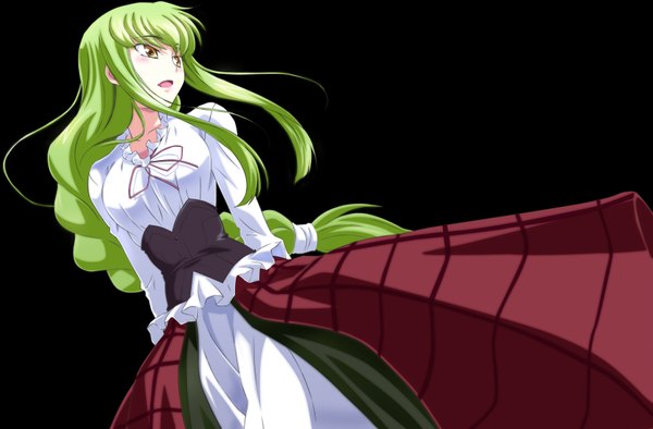 Anime picture 3354x2206 with code geass sunrise (studio) c.c. izumi mahiru single long hair blush fringe highres open mouth simple background yellow eyes looking away absurdres braid (braids) green hair black background hands behind back underbust girl