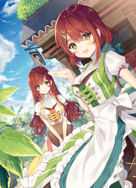 Anime picture 600x833 with futago kissa to akuma no ryourisho necomi (gussan) long hair tall image looking at viewer blush fringe short hair open mouth smile hair between eyes brown hair multiple girls holding brown eyes sky cloud (clouds) :d short sleeves puffy sleeves