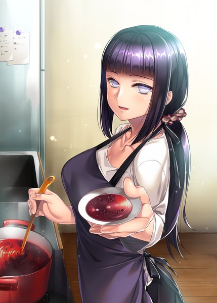 Anime picture 1300x1818 with naruto studio pierrot naruto (series) hyuuga hinata rororororo single long hair tall image looking at viewer open mouth purple eyes purple hair cooking girl apron kitchen